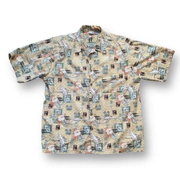 Vintage Shirt Yellow Hawaiian Boxy Camp Floral Short Sleeve Classic Aircraft - Picture 2 of 10